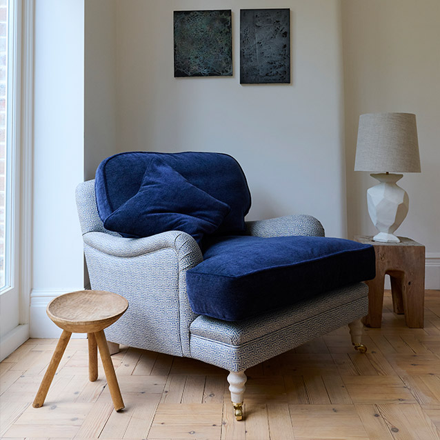 Coates Chair in RHS Gertrude Jekyll Lattice Blue with Seat and Back Cushions in Mohair Indigo